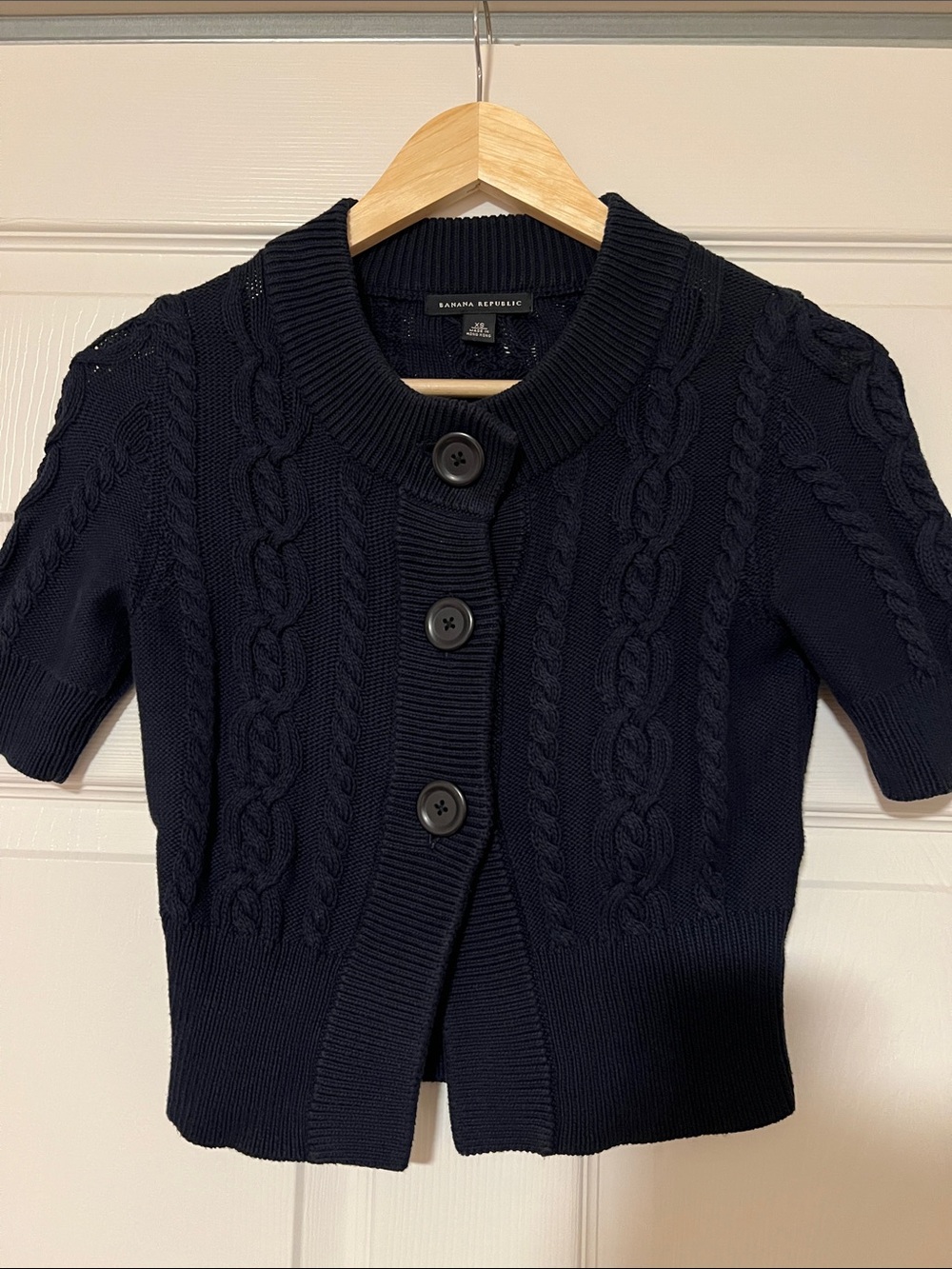 Banana Republic Cotton Navy Cable-Knit Short-Sleeve Cardigan